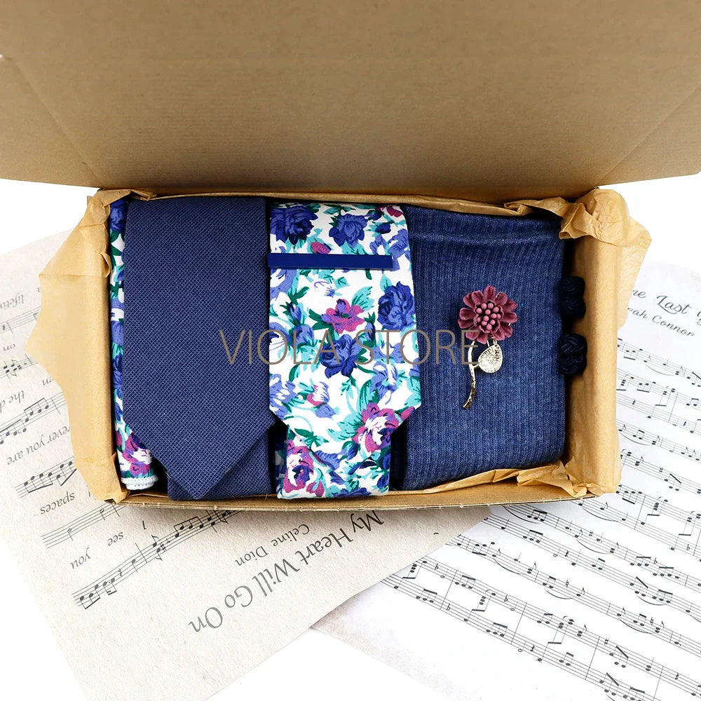 Viola Design Gift Box Hot Solid Floral Cotton Sock Necktie Set Clip Cufflinks Pin Hanky Men Wedding Party Daily Cravat Accessory