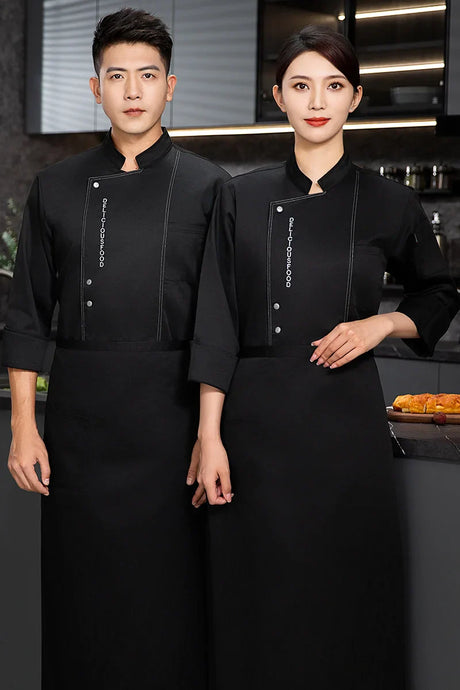 Men Long Sleeve Chef uniform Restaurant chef jacket with apron Cook Coat Chef T-shirt Work Uniform Waiter Hotel Clothes Logo