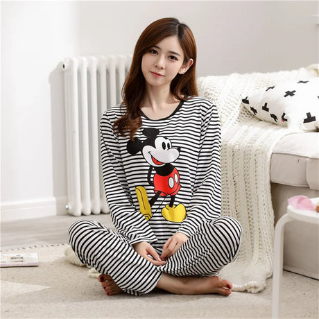 hibobi 2-Piece Spring Long Sleeved Round Neck Pajamas Loungewear Set Women's Cartoon Cute Fashion Pajamas Pajama Pants Set