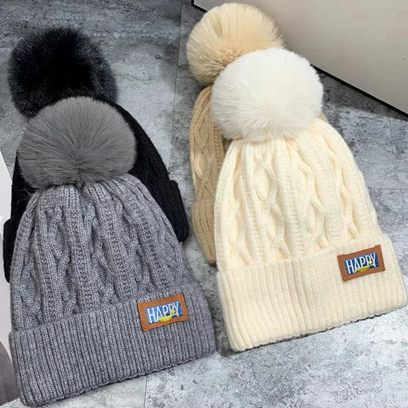 Winter Fur Pom Knitted Beanies Hat Female Plush Thicken Fleece-lined Warm Hats for Women Girl's Outdoor Woolen Thermal Gorro Cap