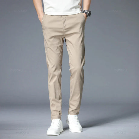 Spring Summer Casual Pants Men Thin Stretch Slim Fit Elastic Waist Business Classic Korean Trousers Male Khaki Gray 38