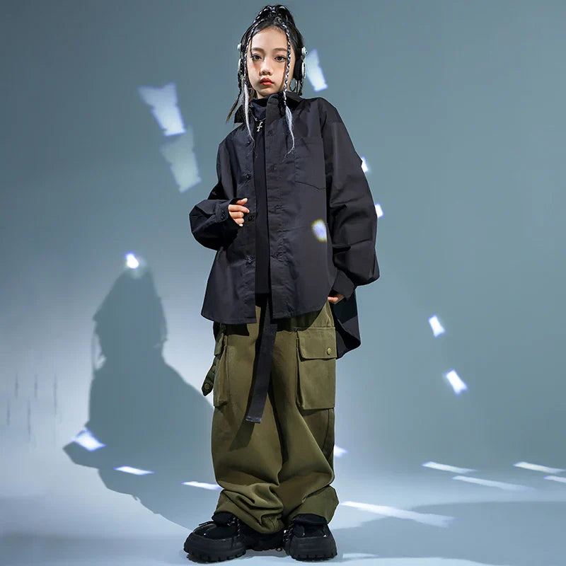 Kids Hip Hop Clothing Black Jacket Coat Casual Street Strap Cargo Pants for Girl Boy Jazz Dance Costume Teenage Kpop Clothes