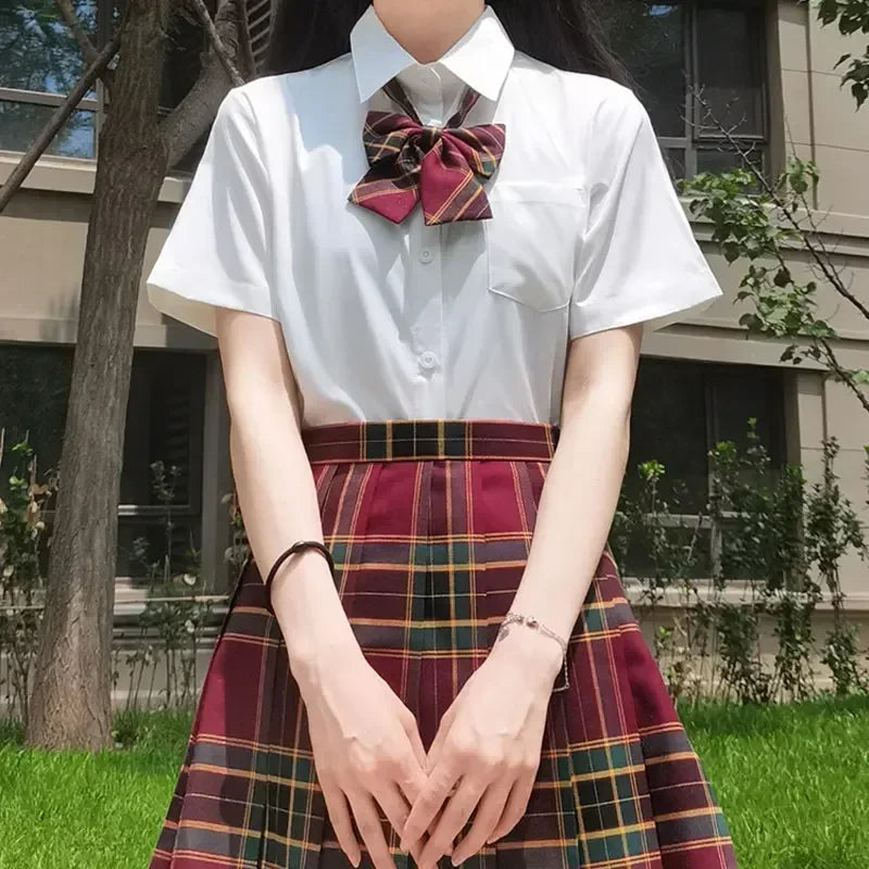 Japanese Uniform Korean School JK Uniform Shirt Plaid Skirt Set South Korea Students Short Sleeve Pleated Skirt Set Girl Seifuku