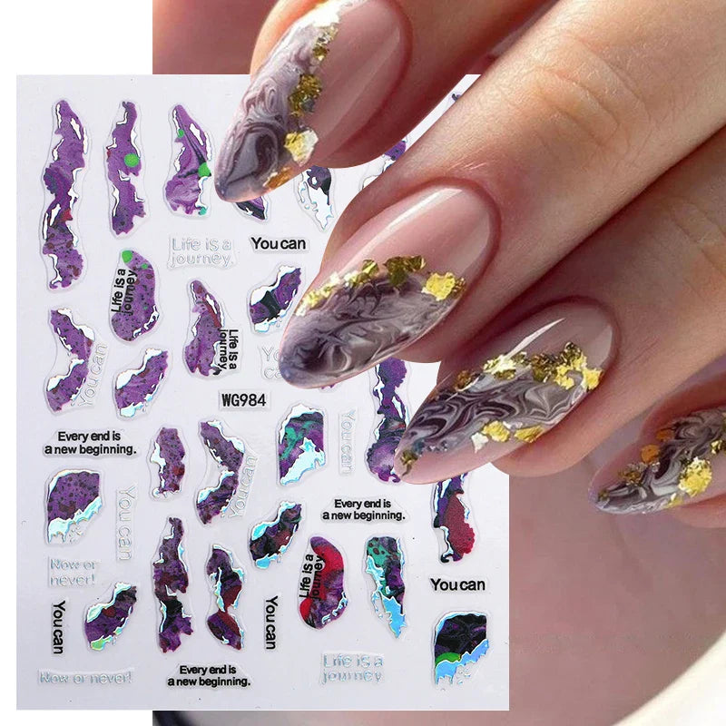 Purple Marble Nails Stickers Smoke Design Manicure Decals Golden Wave Lines Nail Slider Blooming Ink Sticker