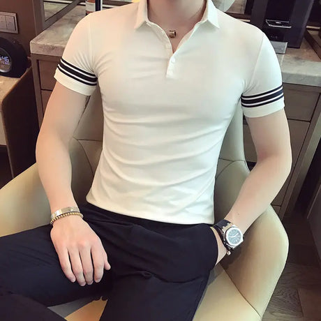 Short Sleeve Shirt for Men 2023 New Solid Polo Business Summer Ice Silk Turn-down Collar Stripe Button Casual Fashion Tops