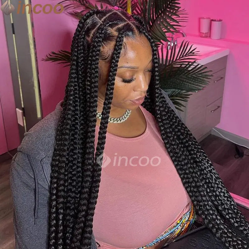 36 Inches Synthetic Knotless Large Square Box Braided Wigs Full Lace Frontal With Baby Hair For Afro American Women Braided Wigs