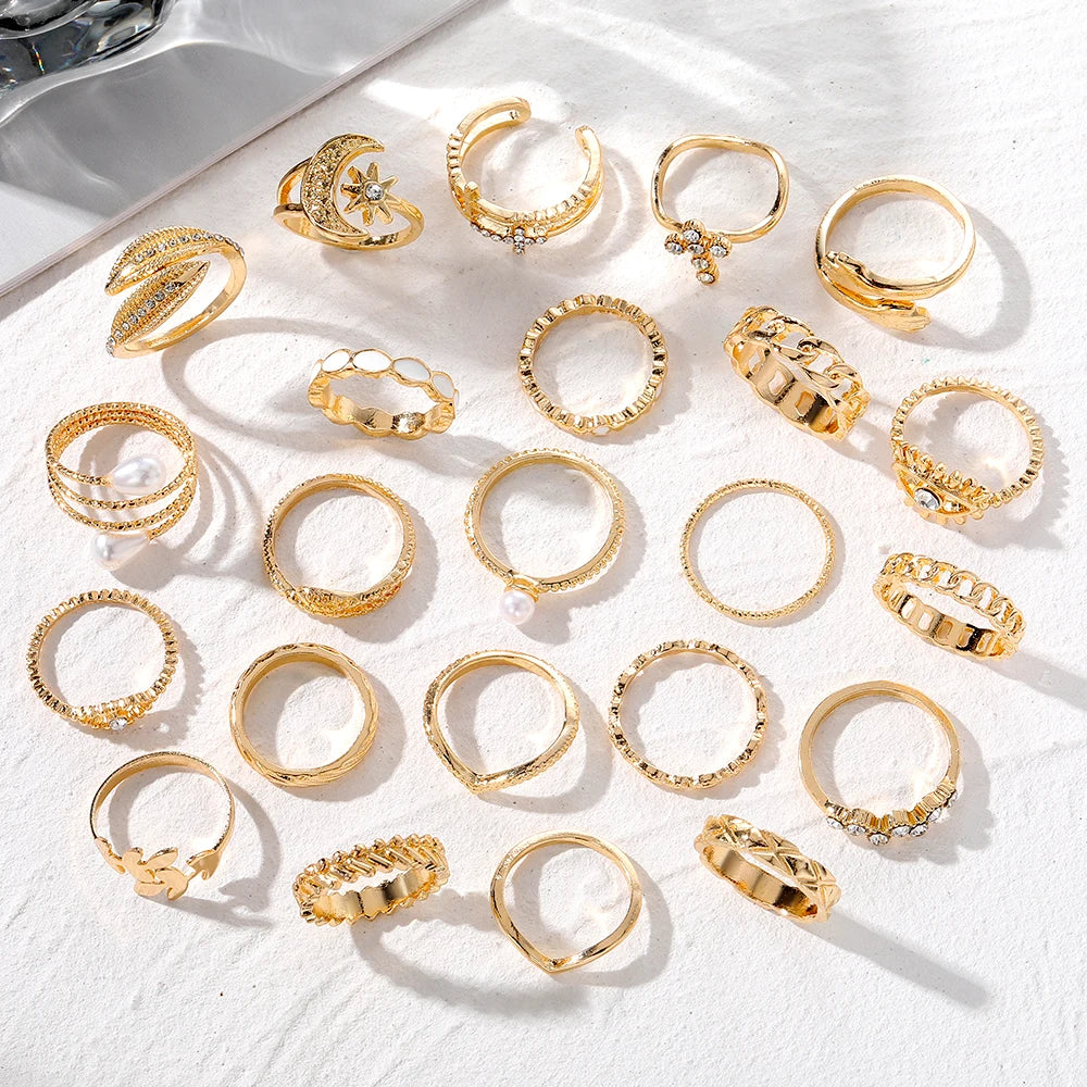 23pcs Hiphop Gold Color Geometric Wheat ear Rings Set For Women Girls Punk Star Moon Eye Wave Finger Rings Jewelry Party Gifts