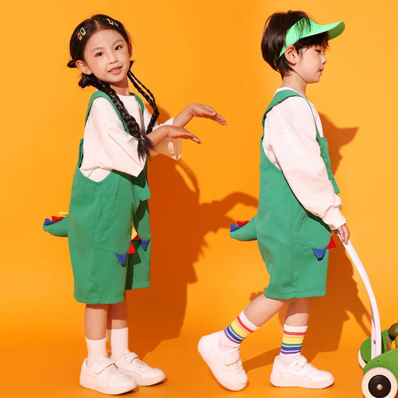 Kids Street Dance Clothes Children Showing Hip Hop Clothing White T Shirt Green Overall Shorts for Girls Boys Jazz Dance Costume