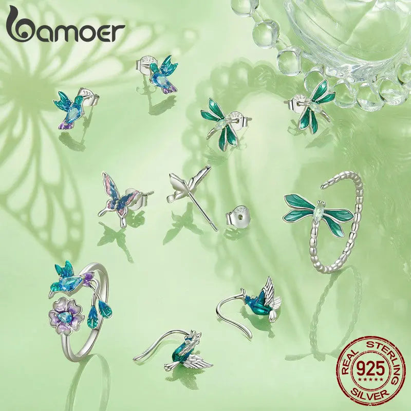 Bamoer 925 Sterling Silver Green Dragonfly Stud Earrings White Gold Plated Insect Earrings for Women Party Fine Jewelry Gift