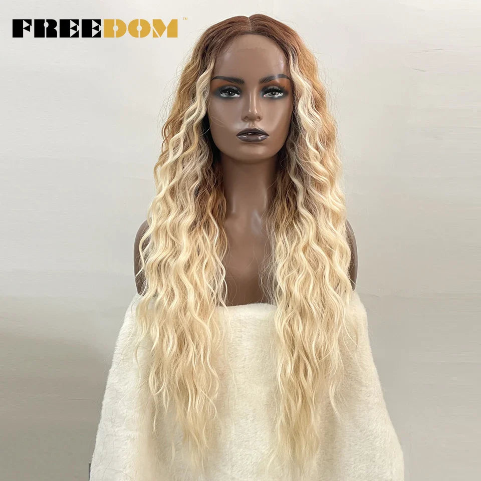 FREEDOM Synthetic Lace Wig Long Deep Wavy Ombre Blonde Ginger Lace Wigs For Black Women Heat Resistant Cosplay Wigs