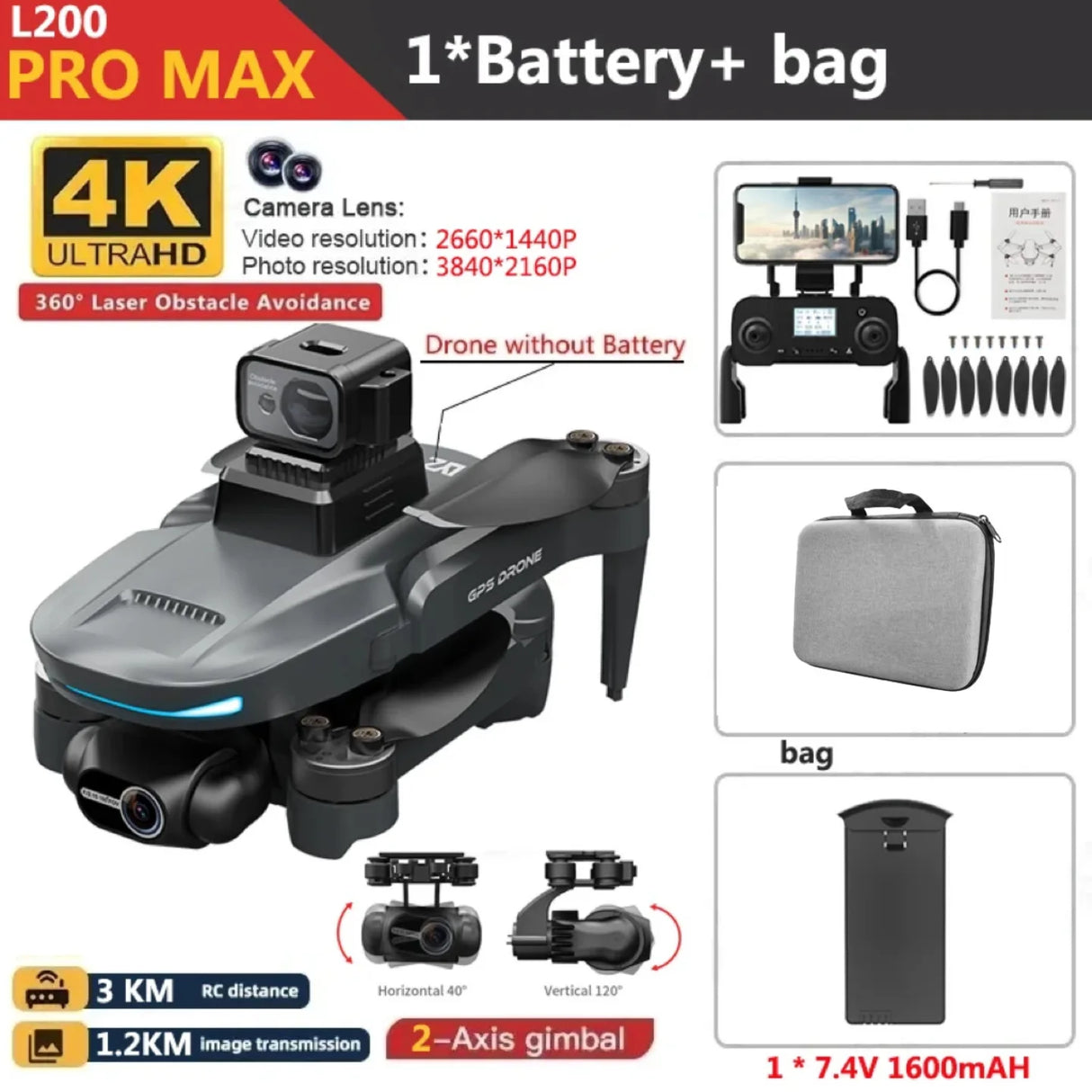 L200 PRO MAX Drone 4K Professional 2-Axis Gimbal 360° Obstacle Avoidance Brushless Motor GPS Quadcopter FPV RC Drones