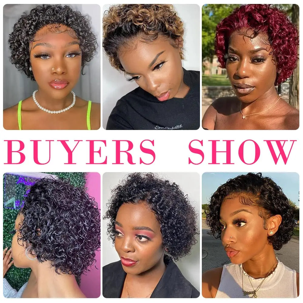 Curly Wigs Short Pixie Cut Human Hair For Women Natural Black Remy Hair 150% Density Glueless Cheap Side Part Human Wig Remy