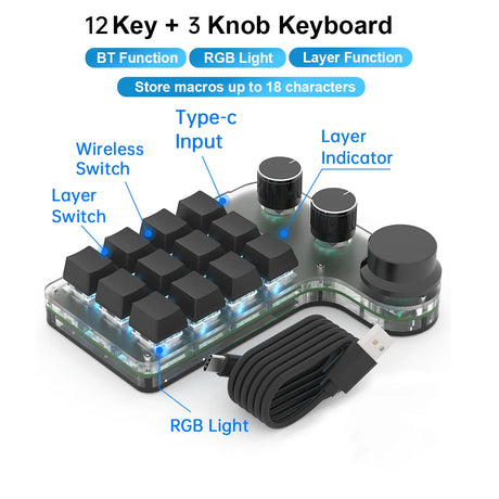 Programming Macro Custom Knob Keyboard RGB 3 Key Copy Paste Mini Button Photoshop Gaming Keypad Mechanical Hotswap Macropad