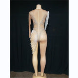 See Through Jumpsuits Women Pearl Rhinestone Gogo Dancer Showgirl Costume Rave Festival Outfit Clothing Party Nightclub Bodysuit