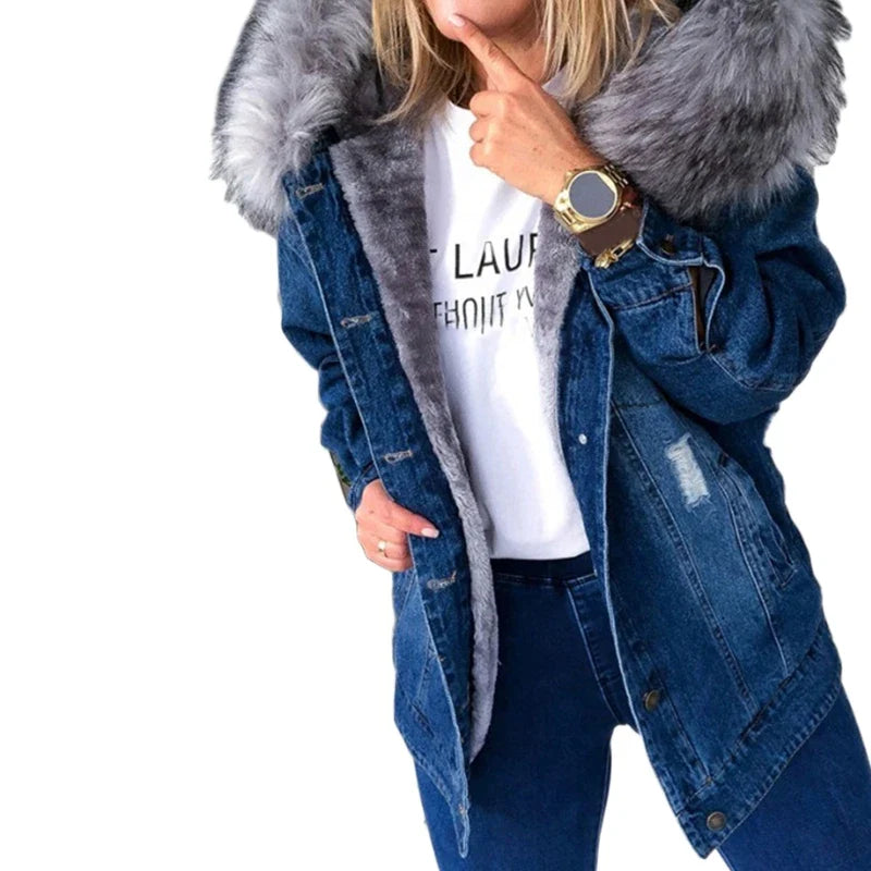 Women Winter Warm Fluffy Collar Hooded Denim Jacket Thick Plush Lined Warm Long Sleeve Jean Coat Button Down Oversized Loose Out