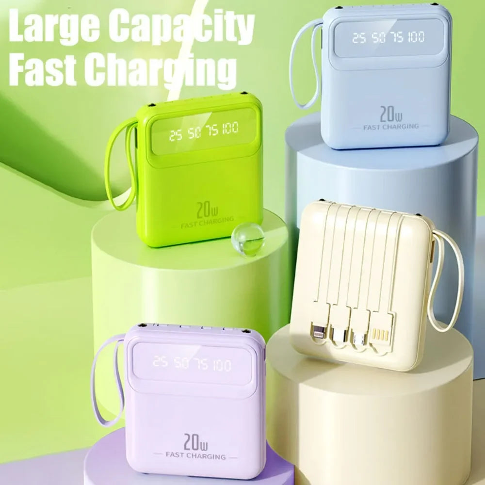 Portable Power Bank 20000mah Big Capacity Fast Phone Charger  with 4 Built-in Cables Powerbank Mobile Phone External Battery