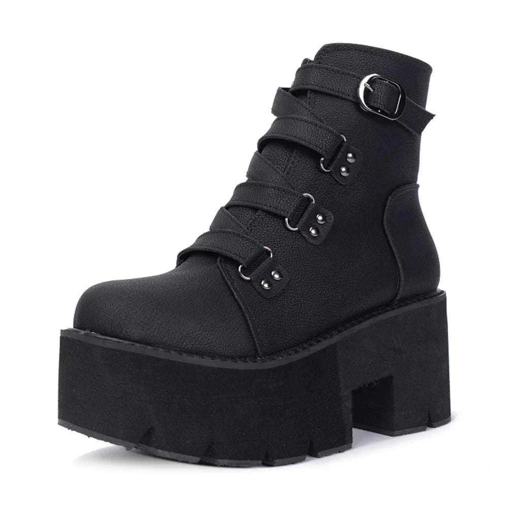 Gdgydh Women's Black Platform Boots Comfy Round Toe Buckle Strap Solid Color Chunky Heels Mid Calf Boots Gothic Style