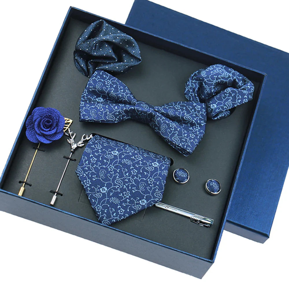 8-piece Set Bussiness Blue Ties For Mans Floral Brooches Pin Cufflinks Tie Clips Butterfly Bowtie Wedding Accessori Gift Box Set