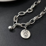 100% Solid 925 Sterling Silver Hiphop Thick Round Gold Rabbit for Women Men Vintage Handmade Hasp Bracelet Birthday Gift S-B451