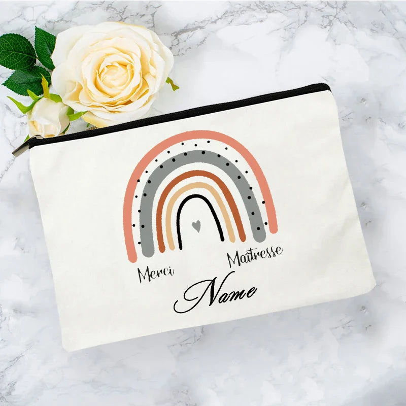 White Personalized Name Bag woman rainbow print Makeup Bag Storage Pouch Toiletries storage Cosmetic Pocket Gift for teachers