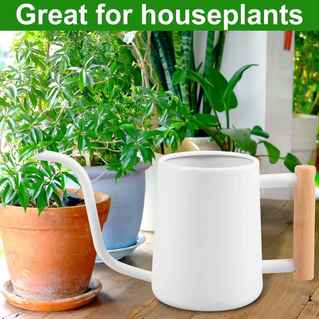 1L Watering Can with Wooden Handle Stainless Steel Watering Pot with Long Spout Watering Jug for Garden Houseplant Potted Plants