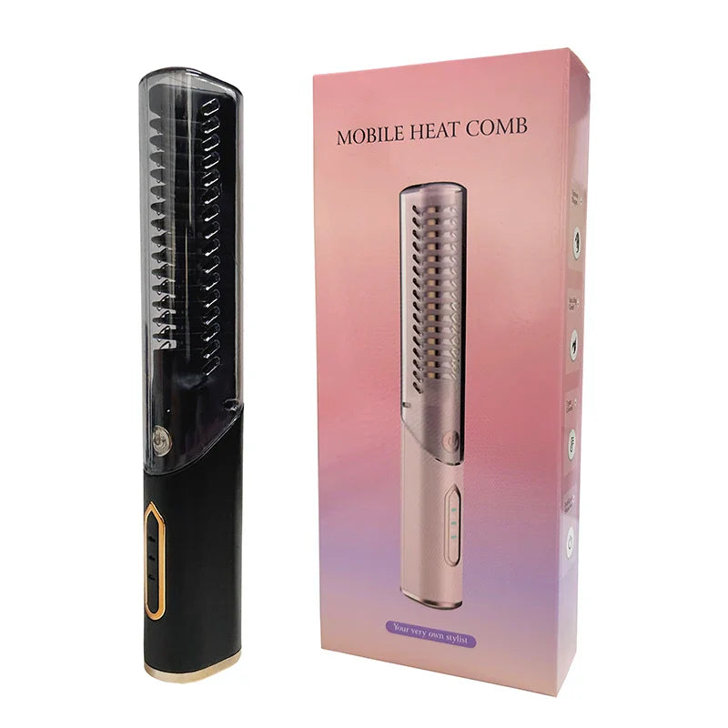 Portable Wireless Electric Hair Brush Heating Hair Straightener  2 IN 1 Home Travel Womem Anti-scalding Hair Straight Curly Comb