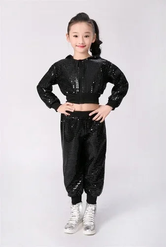 Children Sequin Hip-hop Jazz Dance Costume Girls Student Street DanceWear Ballroom Dancing Competitions Performance Stage Cloth