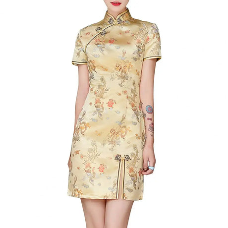 Mandarin Collar Short Sleeve Disc Buckles Women Dragon Phoenix Print Chinese Style Mini Qipao Dress for Stage Performance