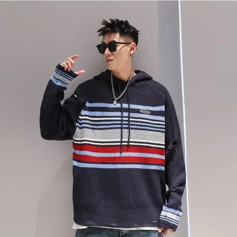 Man Clothes Aesthetic Pullovers Knitted Sweaters for Men Icon Hoodies Torn with Holes Striped Red Sweat-shirt Fashion 2023 Meme