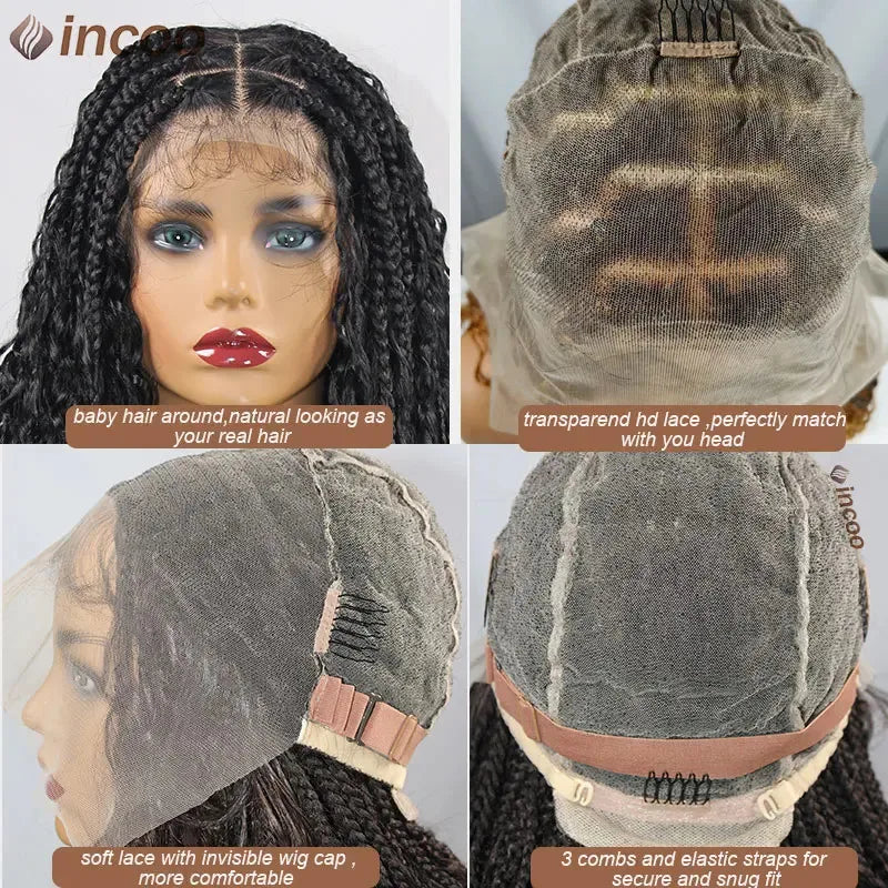 32 Inch Long Full Lace Front Wigs Boho Cornrow Box Braided Wigs With Baby Hair #4 Dark Brown Wave Curly Lace Frontal Braided Wig