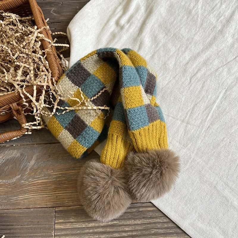 Autumn Winter Warm Children's Scarves Plaid Plush Balls Soft Comfortable Baby Kids Neck Collar Ring Scarf Muffler for Boys Girls