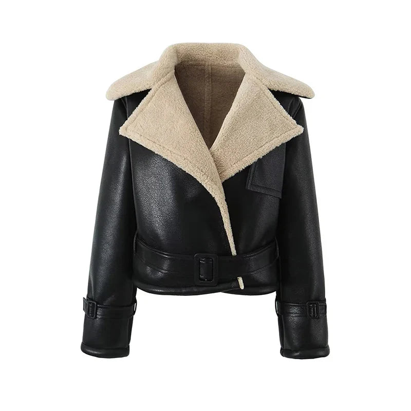 Winter Autumn Streetwear  New Women's Sheepskin Lamb Fur Coat Outerwear Lapel Collar Motorcycle Jacket Short Faux Leather Jacket