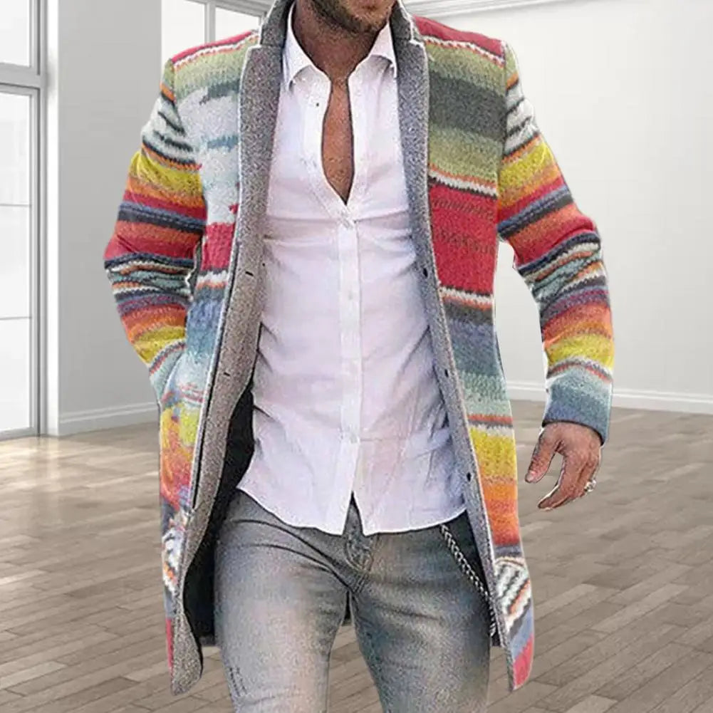 Durable Overcoat Men Skin-friendly Polyester Autumn Winter Rainbow Stripes Overcoat  Coat Open Front