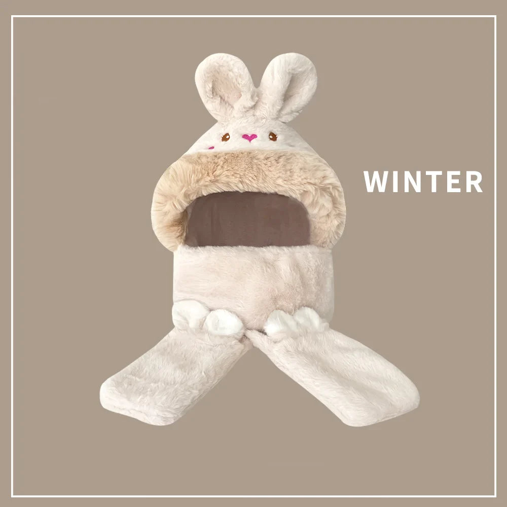 2021 women fashion Cute Cartoon Rabbit ears HatImitation mink Cap girl Winter Warmth Thickened with Scarf gloves one-piece hat