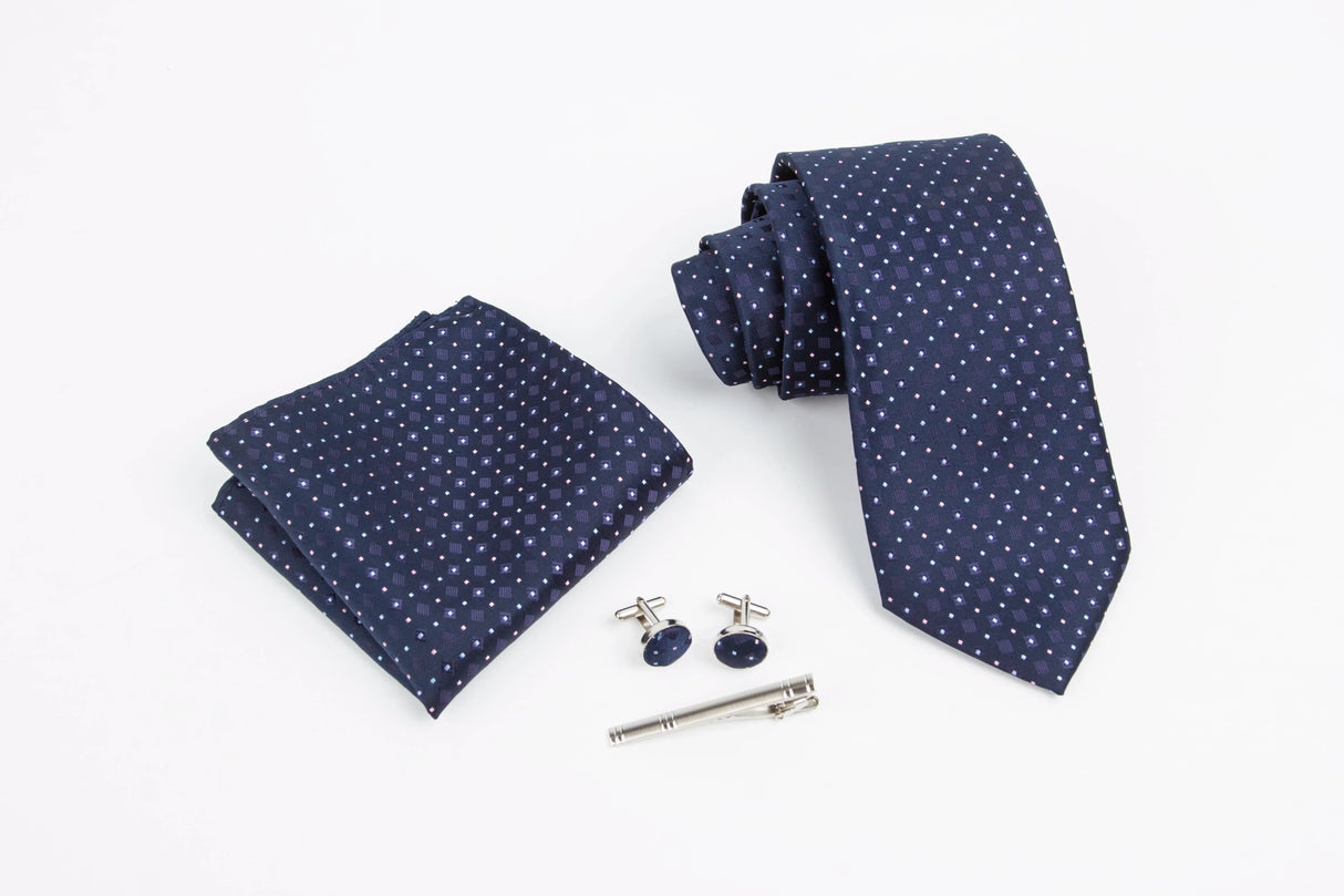 Men Polka Dot Navy Blue Hombre Necktie Sets with Hankie Metal Cufflinks Clip Set Shirt Accessories Fit Wedding Performance Tie