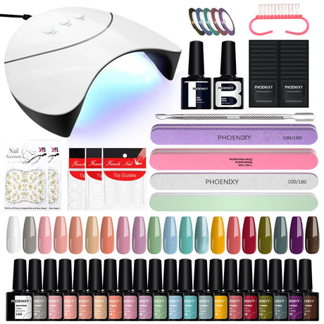 PHOENIXY Gel Nail Polish Set with 36W Nail Lamp Semi Permanent UV Gel Varnish Base Top Coat Complete Nail Art Gel Polish Kit