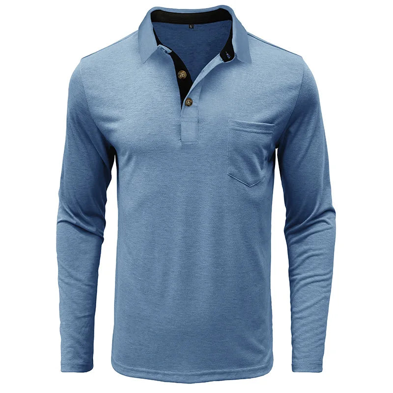 Spring Trend Men's Long Sleeve Casual Tshirt Solid Lapel Button Up Pullover Tops Autumn Turn Down Collar Bottoming Polo Shirt