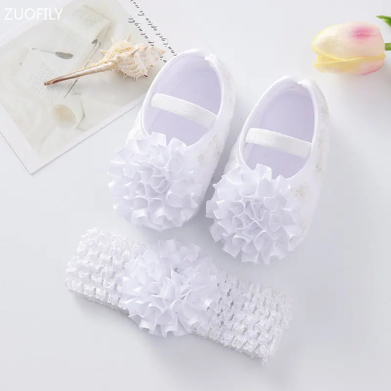 0~18M Cute Bowknot Newborn Baby Shoes Headband Set Anti Slip Toddler Infant First Walker Baby Girls Newborn Soft Sole Pink Shoes