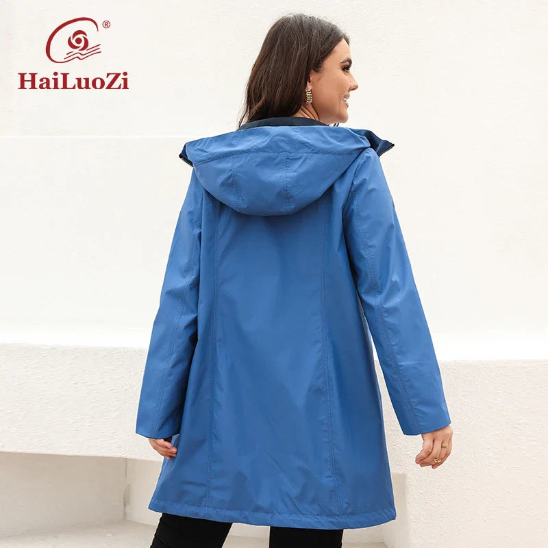 HaiLuoZi 2022 Women's Trench Coat Plus Size Jacket for Women spring Short Parka Hooded Casual Windbreaker Pockets Outwear 2202