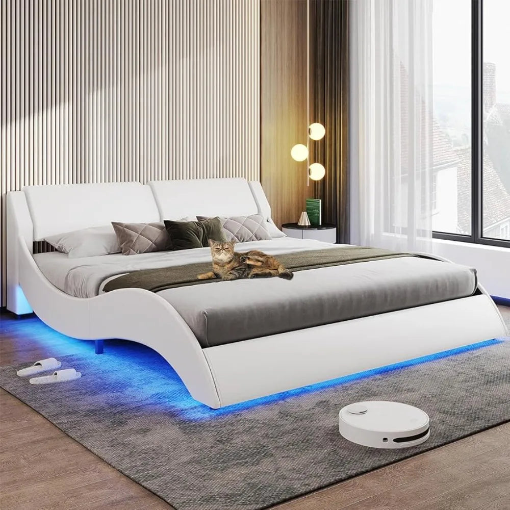 Bed Frame, Large with Headboard, Modern Upholstered Platform, LED Bed Frame, With LED Lights, Wavy Curve,Large Thin Platform Bed