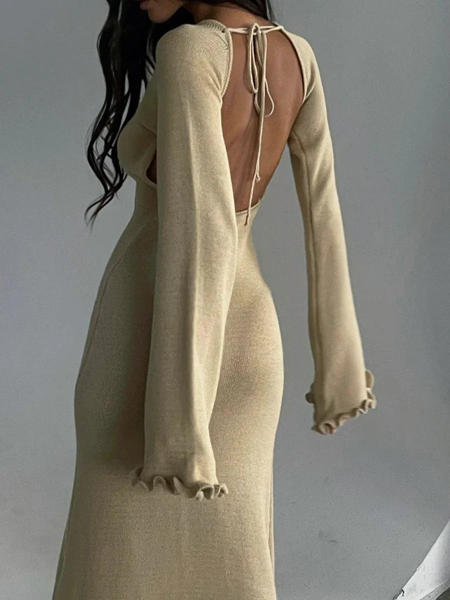 chic and elegant Women's Long Sleeve Knitted Bodycon Dress Tie Backless Round Neck Solid Color Ruffle Trim Long Dress Beachwear