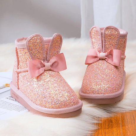 Children s snow boots girls rabbit fur warm boots baby cotton sport shoes sequins genuine leather princess fashion boots