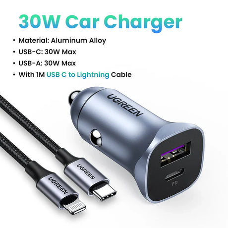 UGREEN 30W Car Charger USB Type C Fast Charger QC 4.0 3.0 PD 20W Quick Charging for iPhone 15 14 13 Xiaomi Mobile Phone Charger