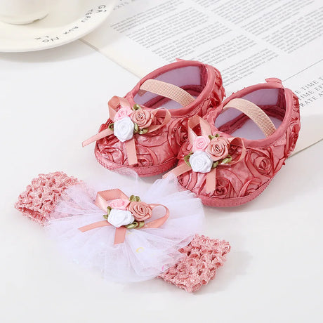 0~18M Cute Bowknot Newborn Baby Shoes Headband Set Anti Slip Toddler Infant First Walker Baby Girls Newborn Soft Sole Pink Shoes