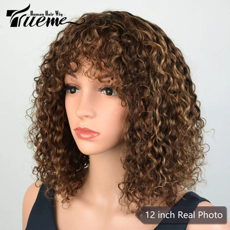 Trueme Curly Human Hair Wigs Colored Brazilian Bob Human Hair Wigs For Women Ombre Black Brown Deep Curly Full Wig With Bangs