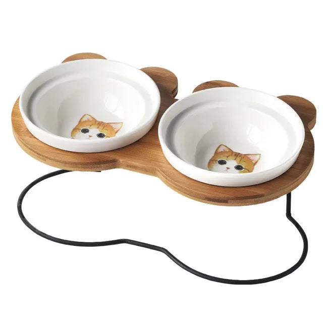 New High-end Pet Bowl Bamboo Shelf Ceramic Feeding and Drinking Bowls for Dogs and Cats Pet Feeder Accessories