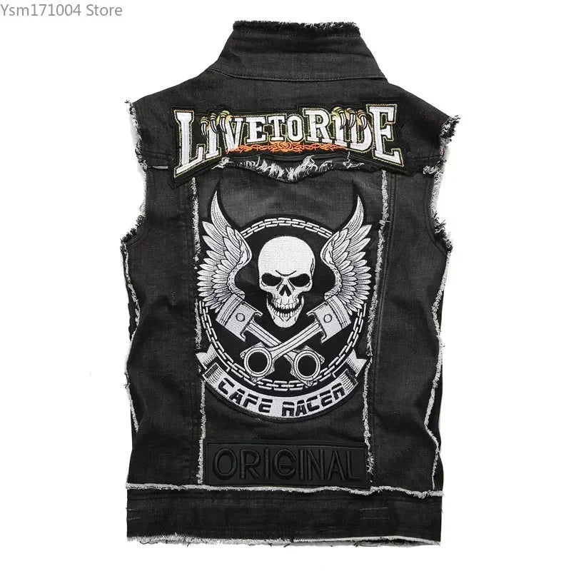 Men's Jackets New Mens Punk Motorcycle Casual Denim Embroidery Jacket Clothing Men's Street Hip Hop Retro Denim Vest Jacket