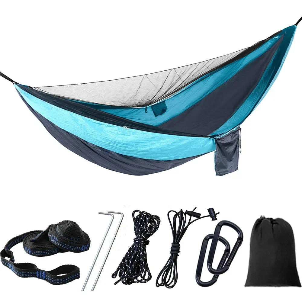 Double Travel Camping Hammock with Mosquito Net,Backpacking Portable Parachute 5+1 Ring Strap Hammock