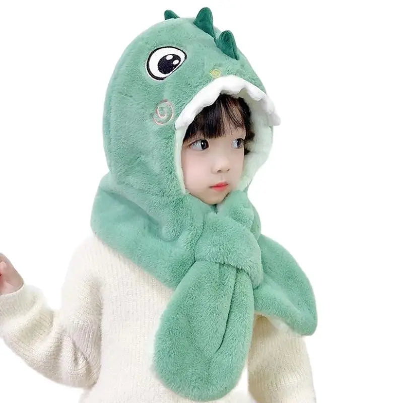 Doitbest Cartoon Dinosaur Children Winter Hats Beanies Set Kids Child Knitted Fur Hat Scarf One-piece Boys Girls Earflap Caps