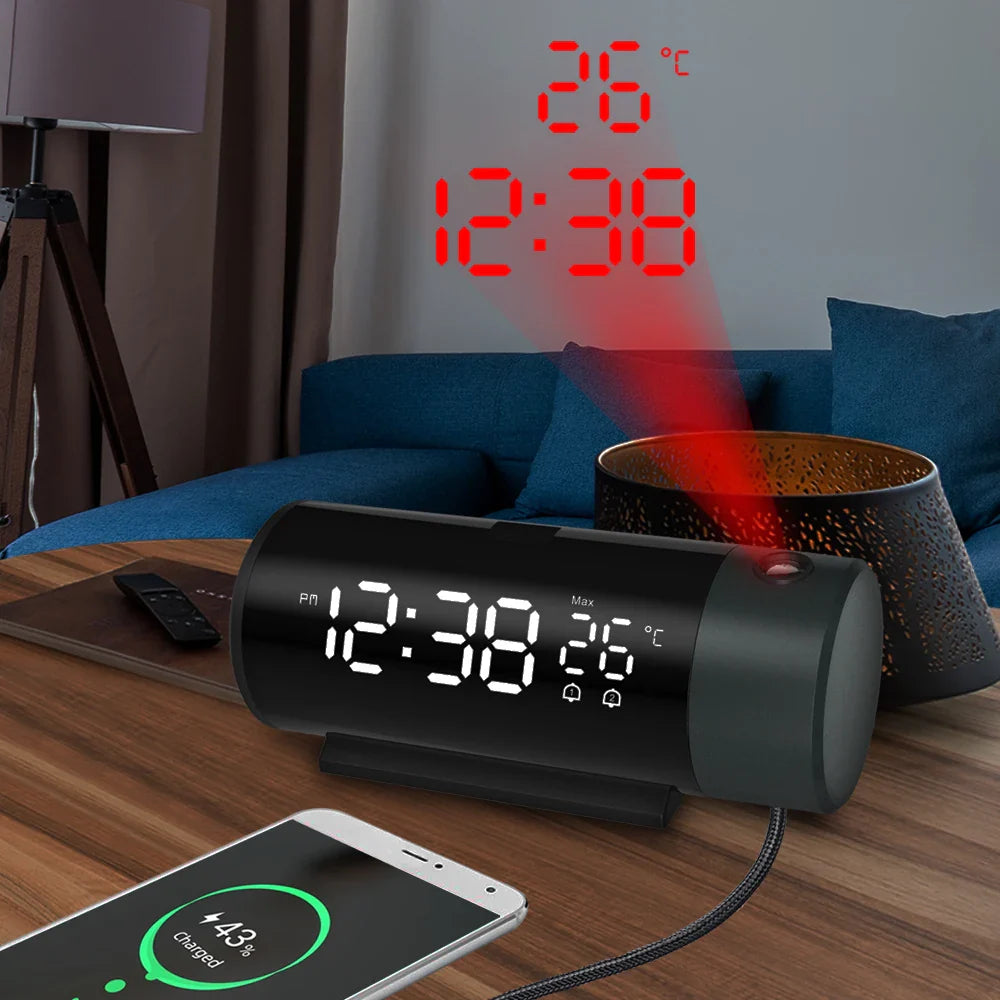 LED Digital Alarm Clock 180° Rotation Electronic Table Projector Watch Time Projection Bedroom Bedside Automatic Backlight Clock